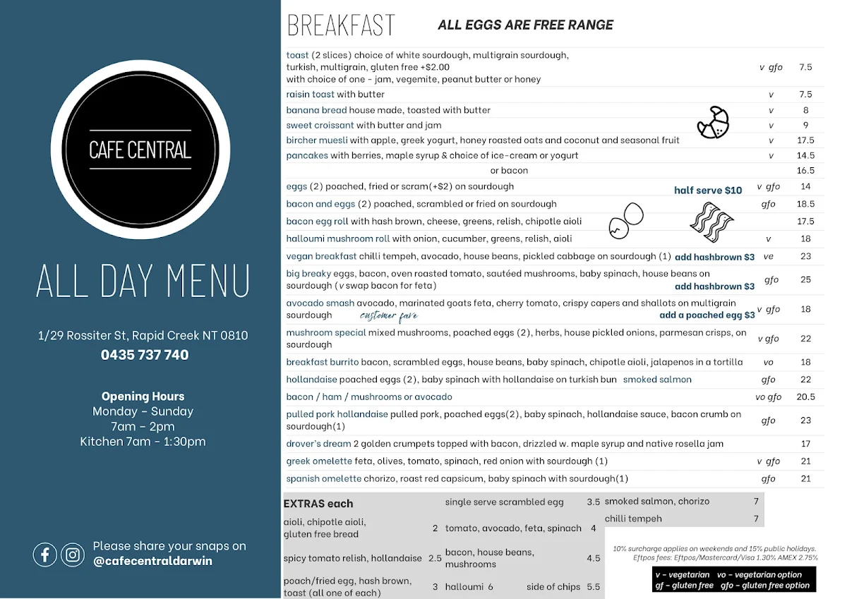 Menu, Cafe Central Darwin