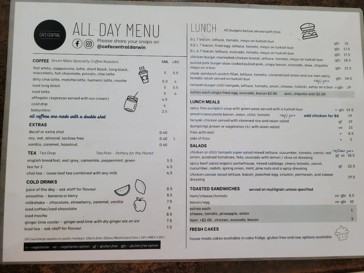 Menu, Cafe Central Darwin