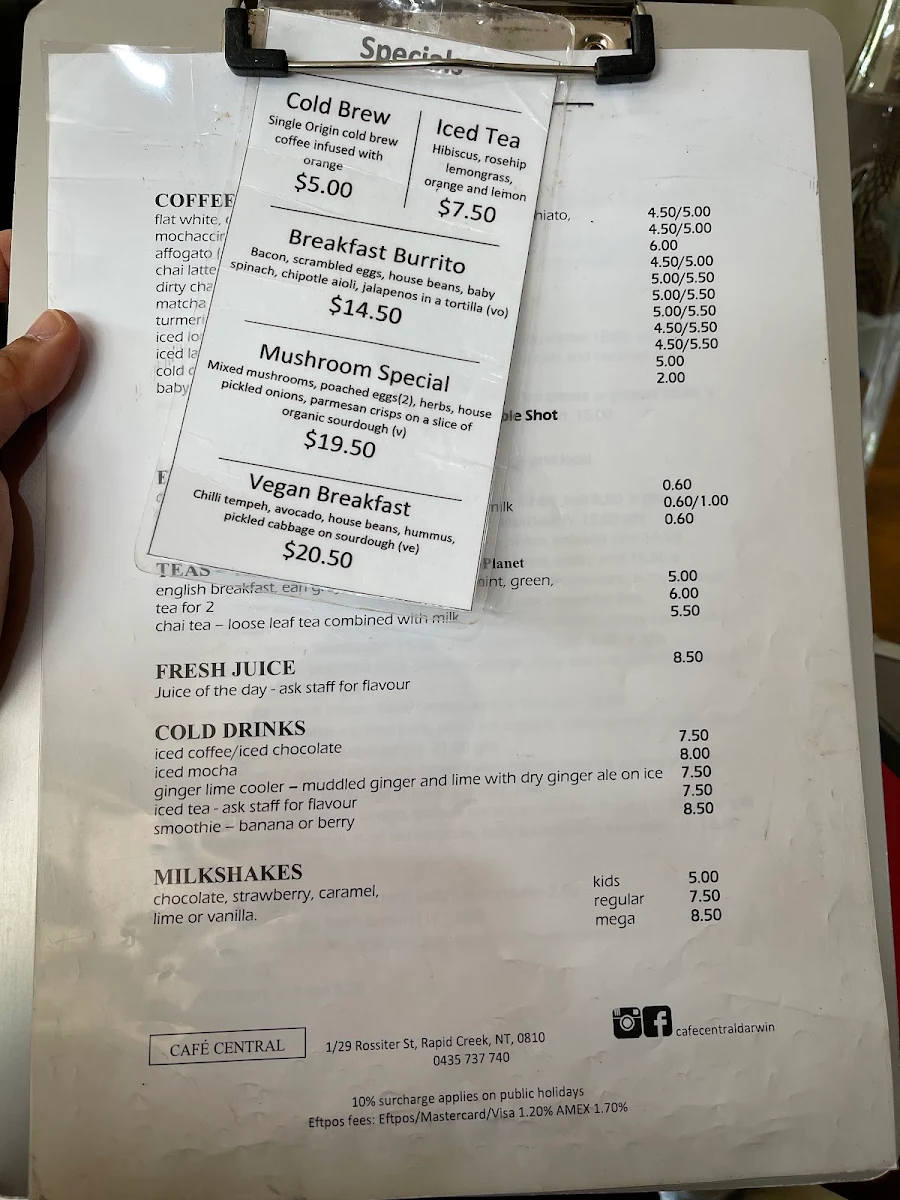 Menu, Cafe Central Darwin