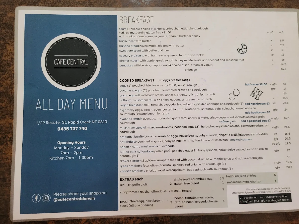 Menu, Cafe Central Darwin