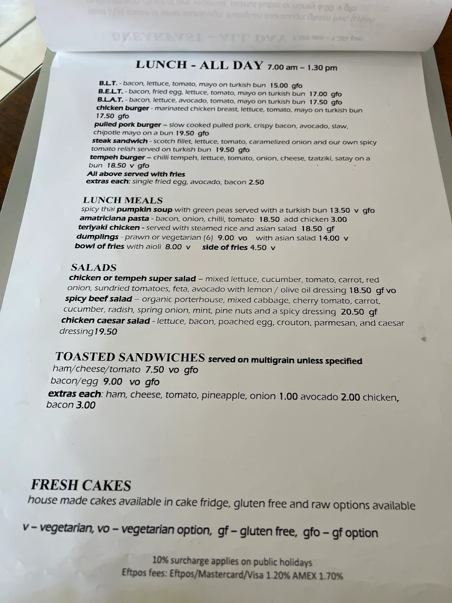Menu, Cafe Central Darwin
