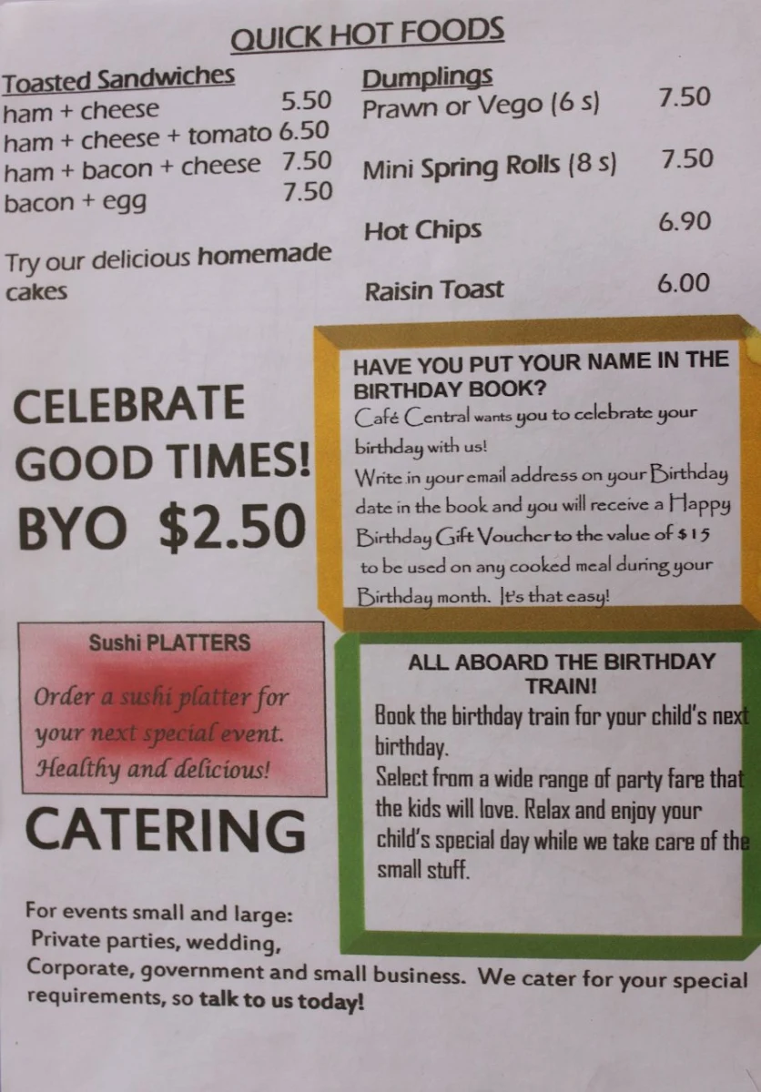 Menu, Cafe Central Darwin
