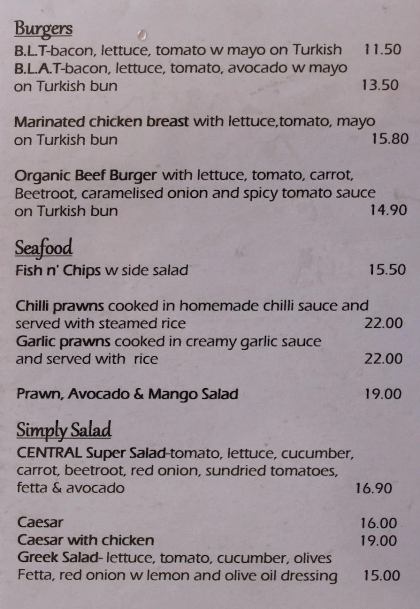 Menu, Cafe Central Darwin