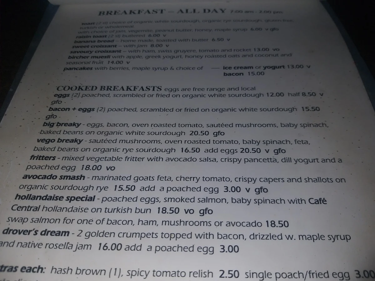 Menu, Cafe Central Darwin