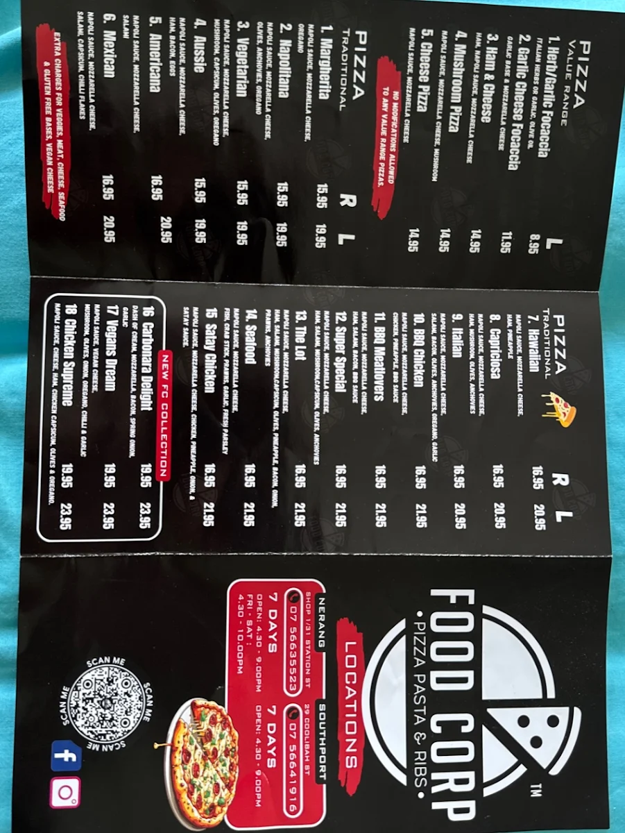 Menu, Food Corp Pizza Pasta & Ribs - Pizza Shop Nerang