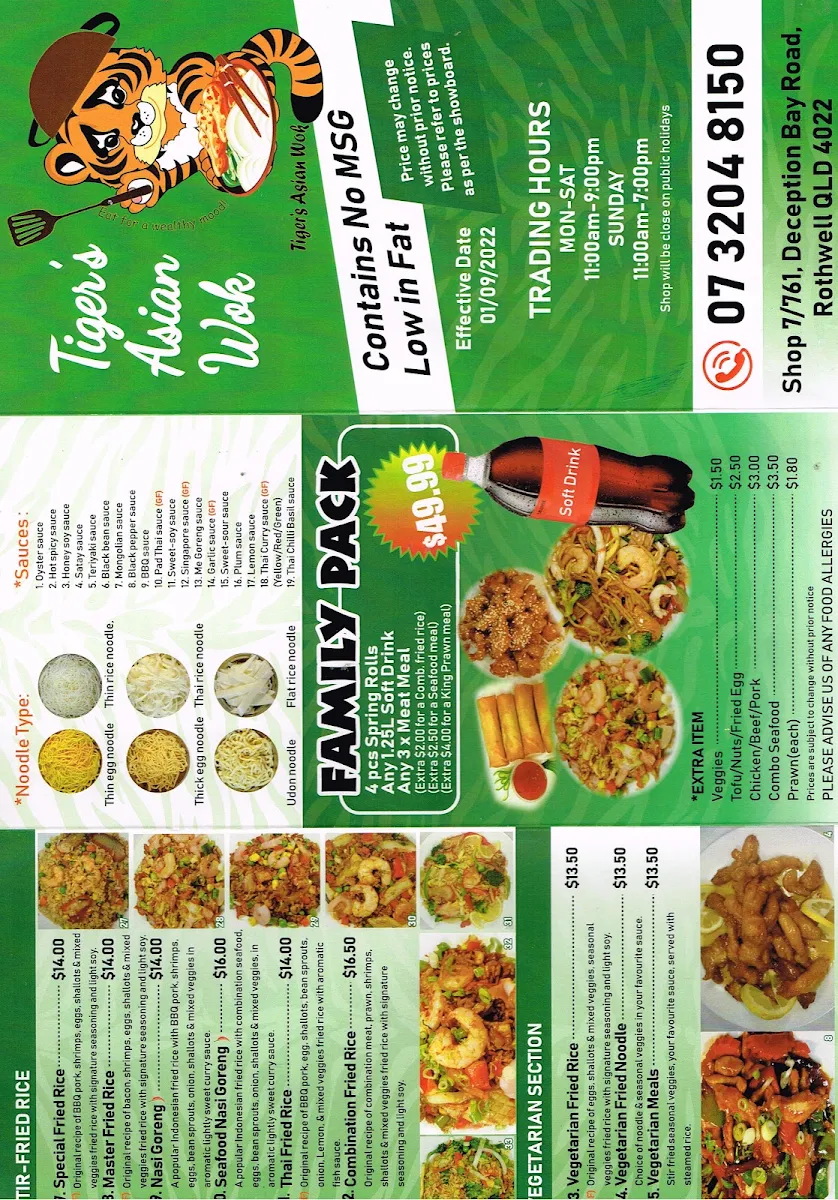 Menu, Tiger’s Asian Wok
