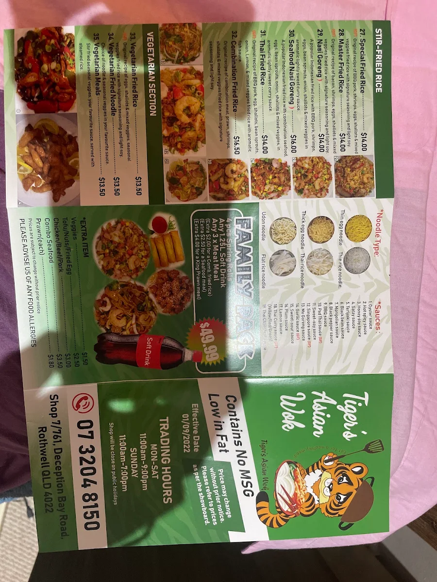 Menu, Tiger’s Asian Wok