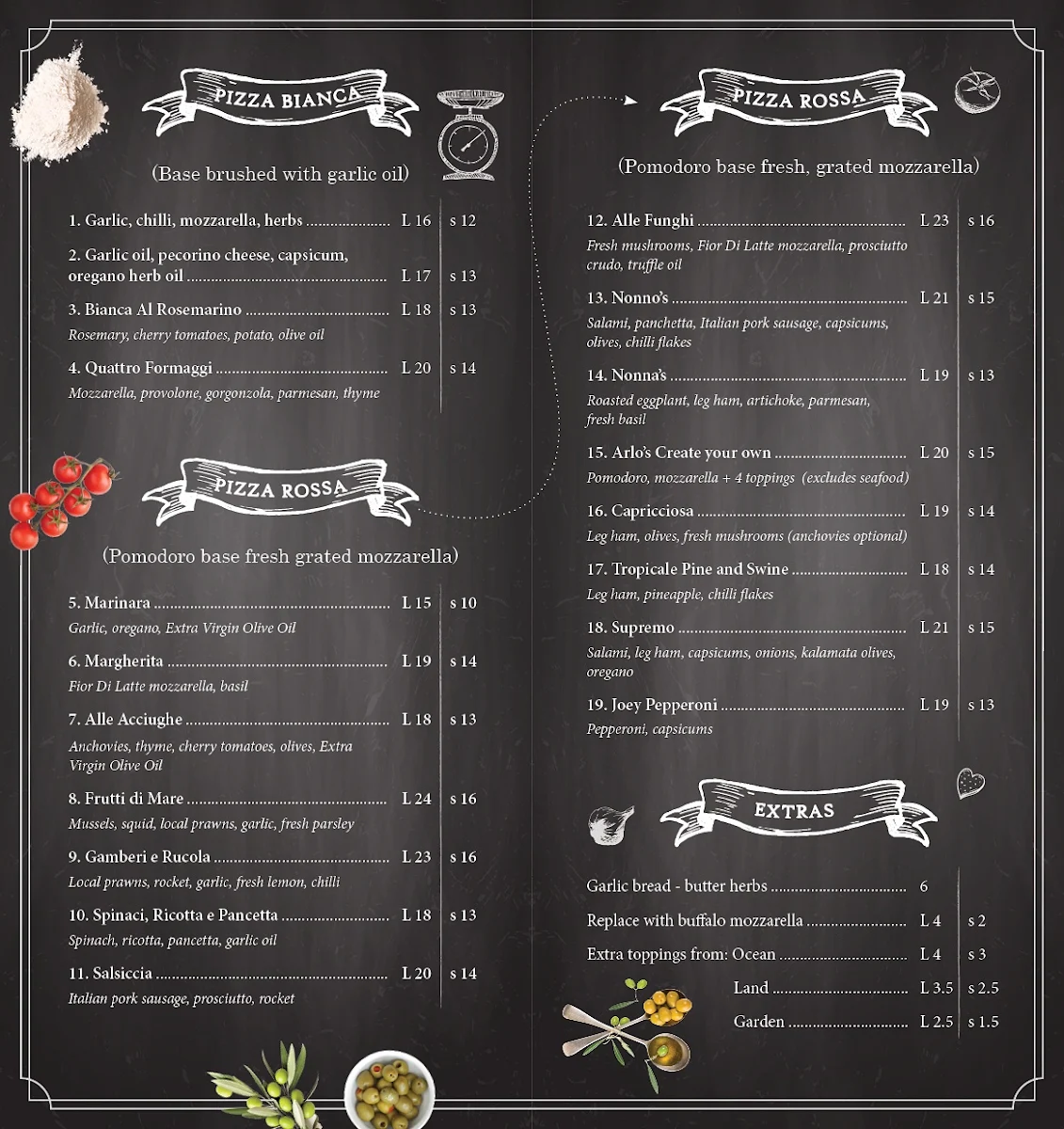 Menu, Arlo's Pizzeria