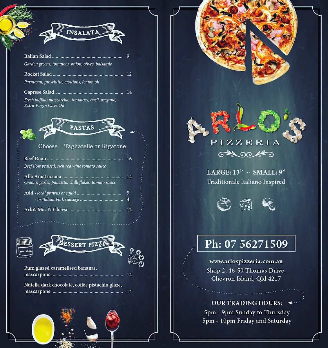 Menu, Arlo's Pizzeria