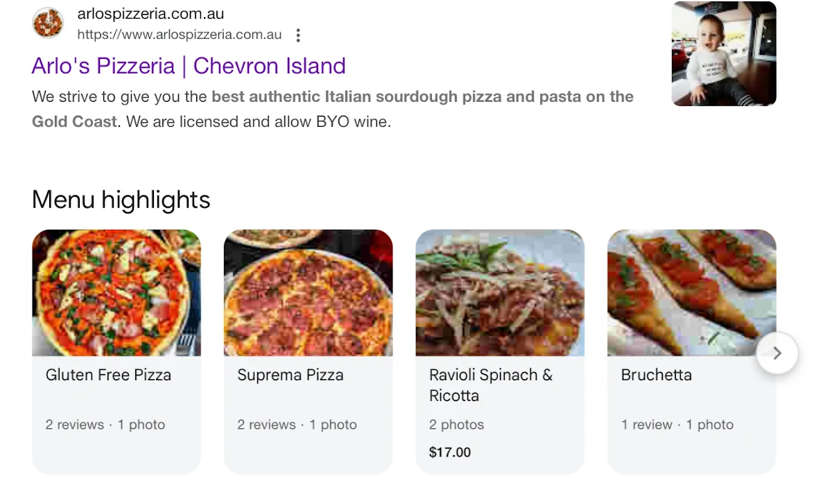 Menu, Arlo's Pizzeria