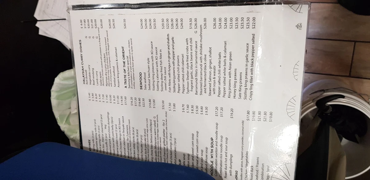Menu, Sammy's @ the Foreshore