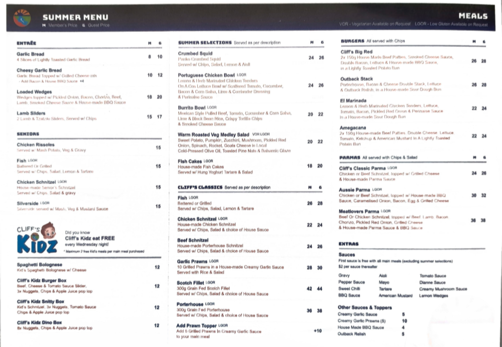 Menu, Red Cliffs Club