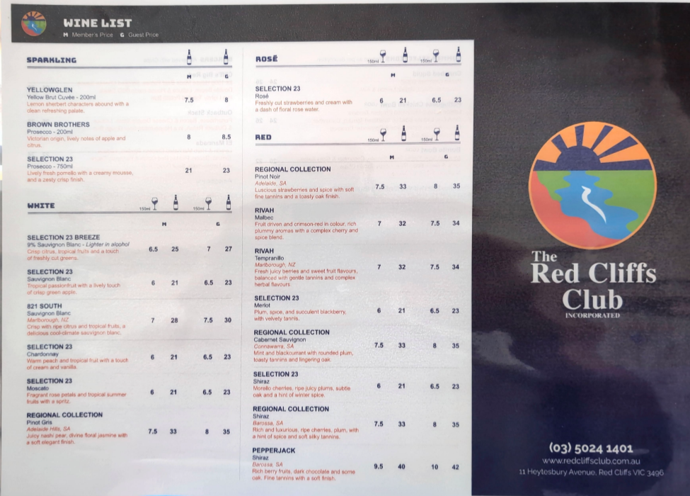 Menu, Red Cliffs Club
