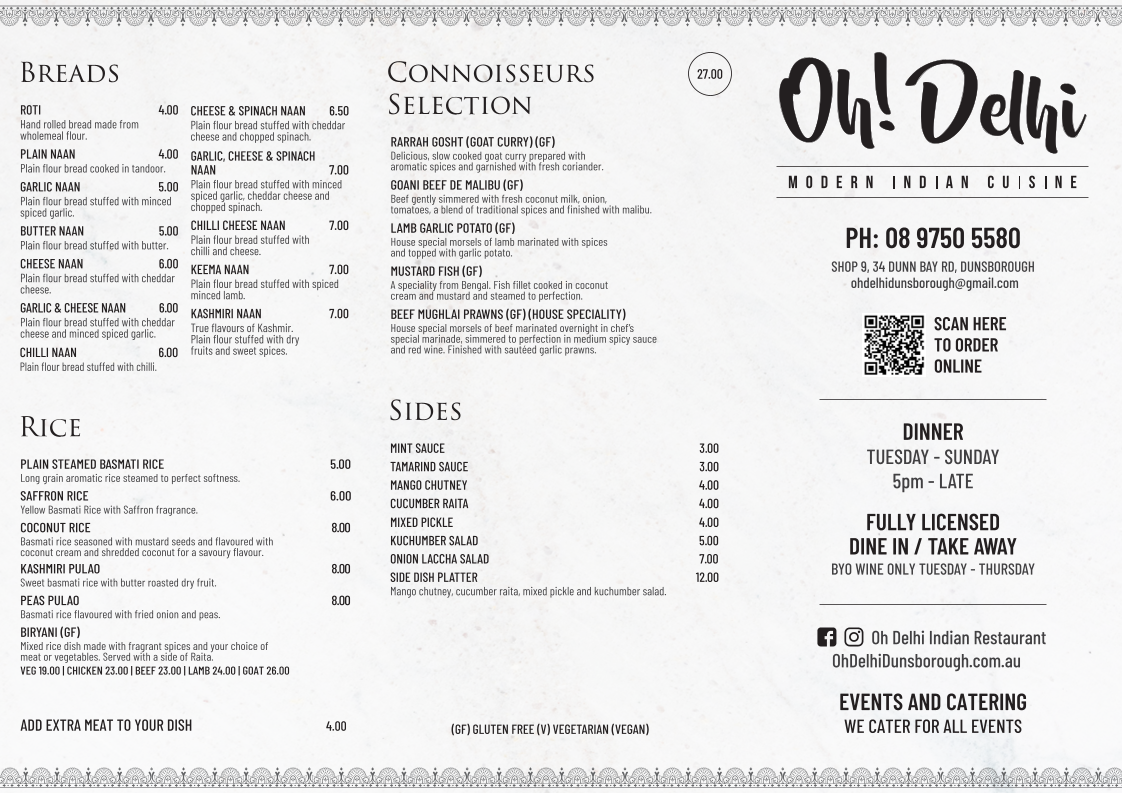 Menu, Oh! Delhi Dunsborough