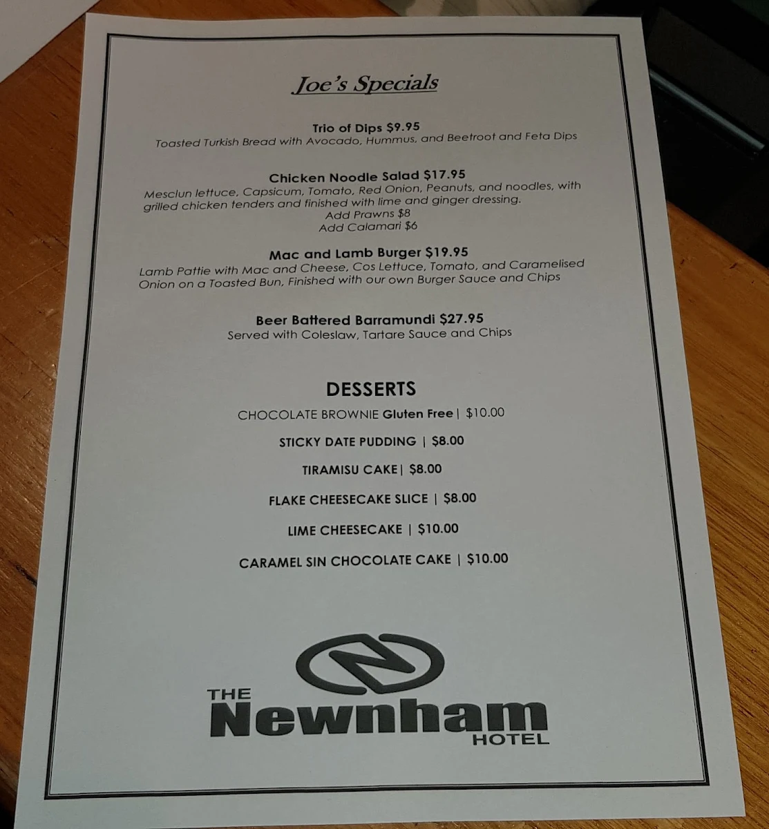 Menu, Newnham Hotel & Event Spaces