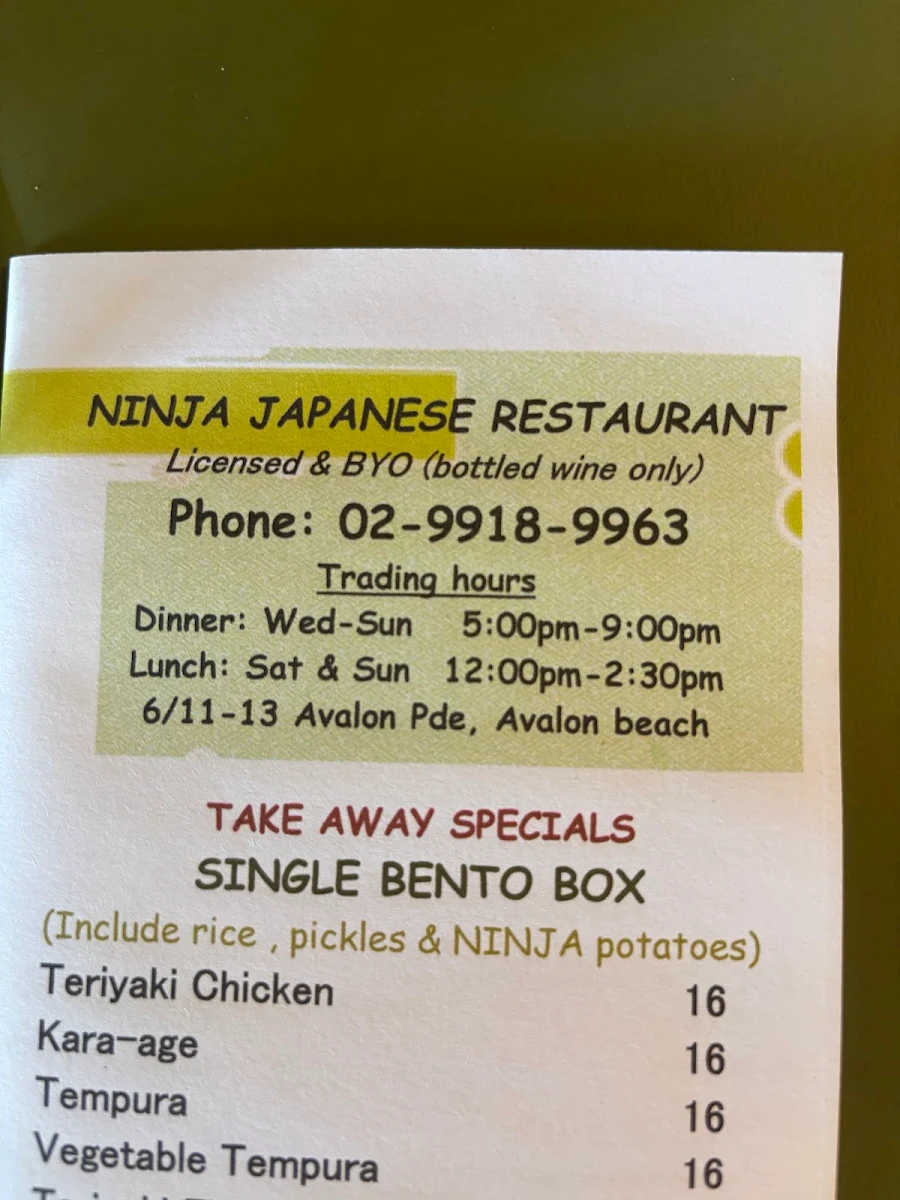 Menu, Ninja Japanese Restaurant