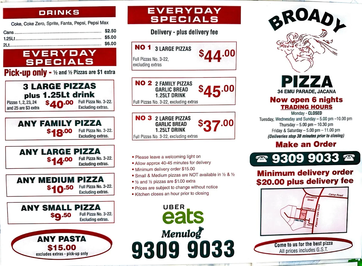 Menu, Broady Pizza House