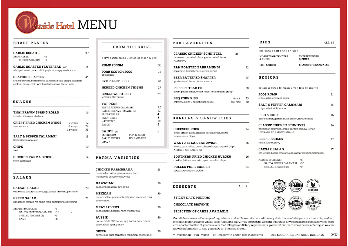 Menu, Westside Hotel