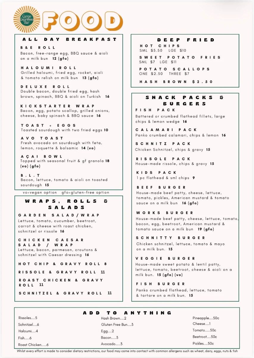 Menu, Cargo Skyline Espresso Bar