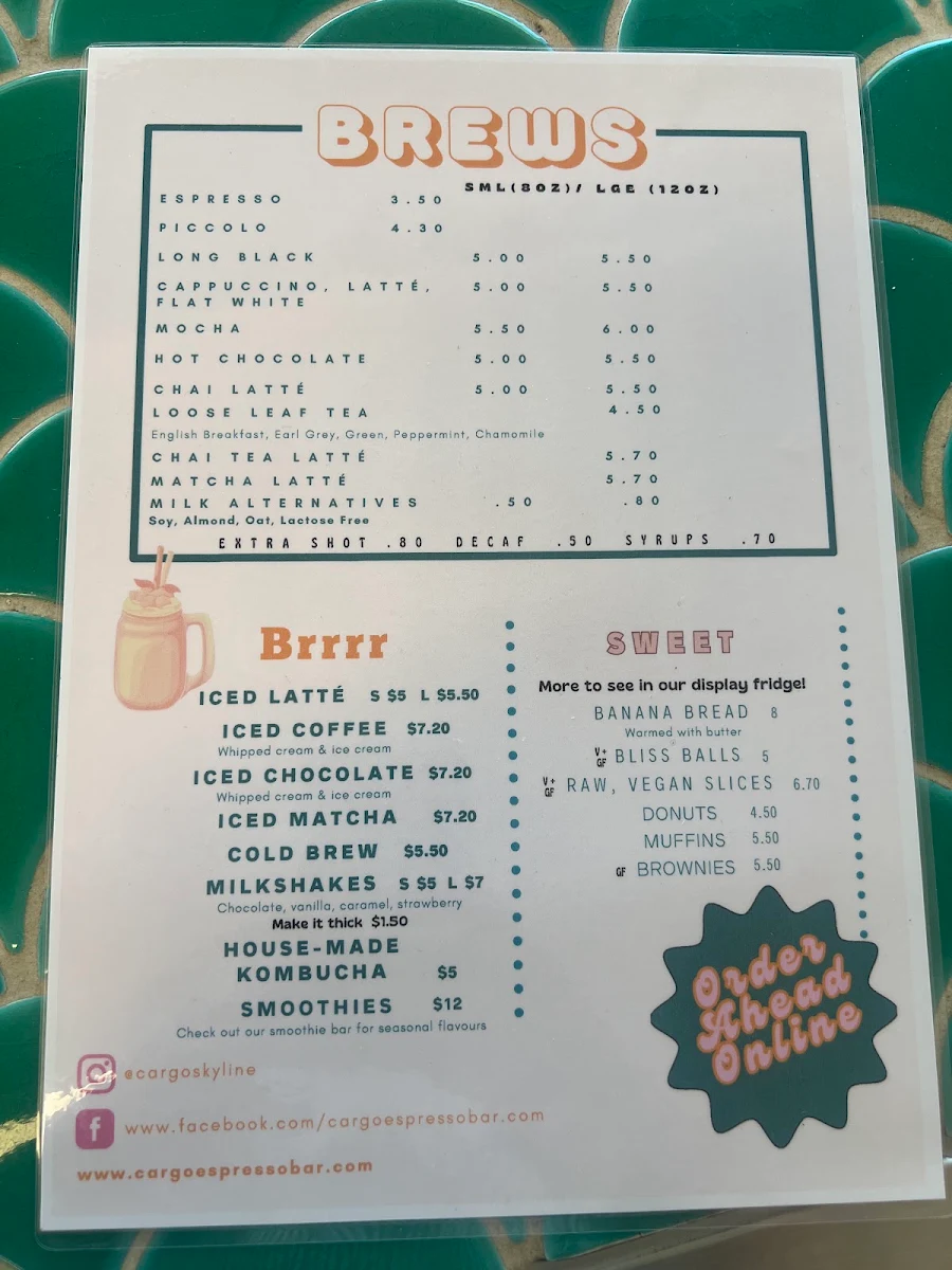 Menu, Cargo Skyline Espresso Bar
