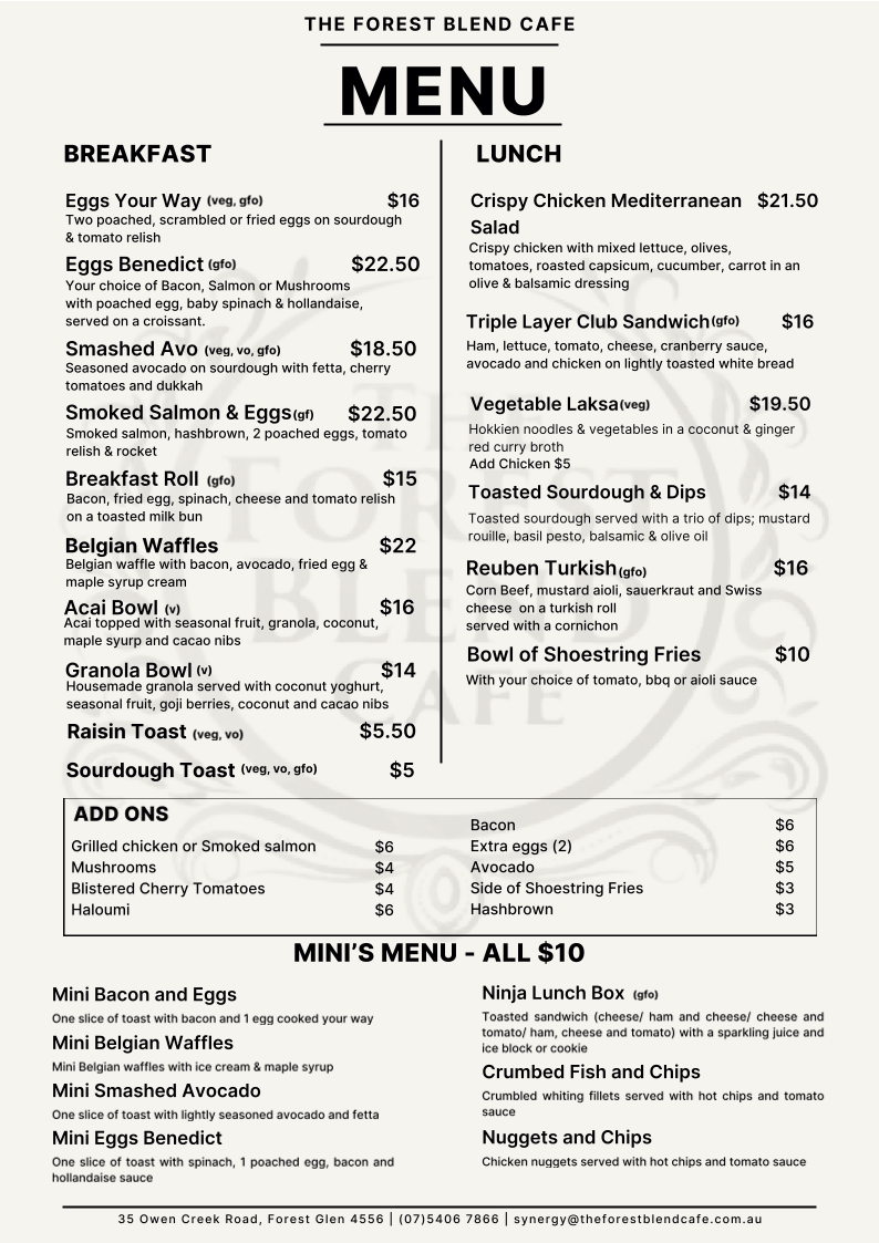 Menu, The Forest Blend Cafe