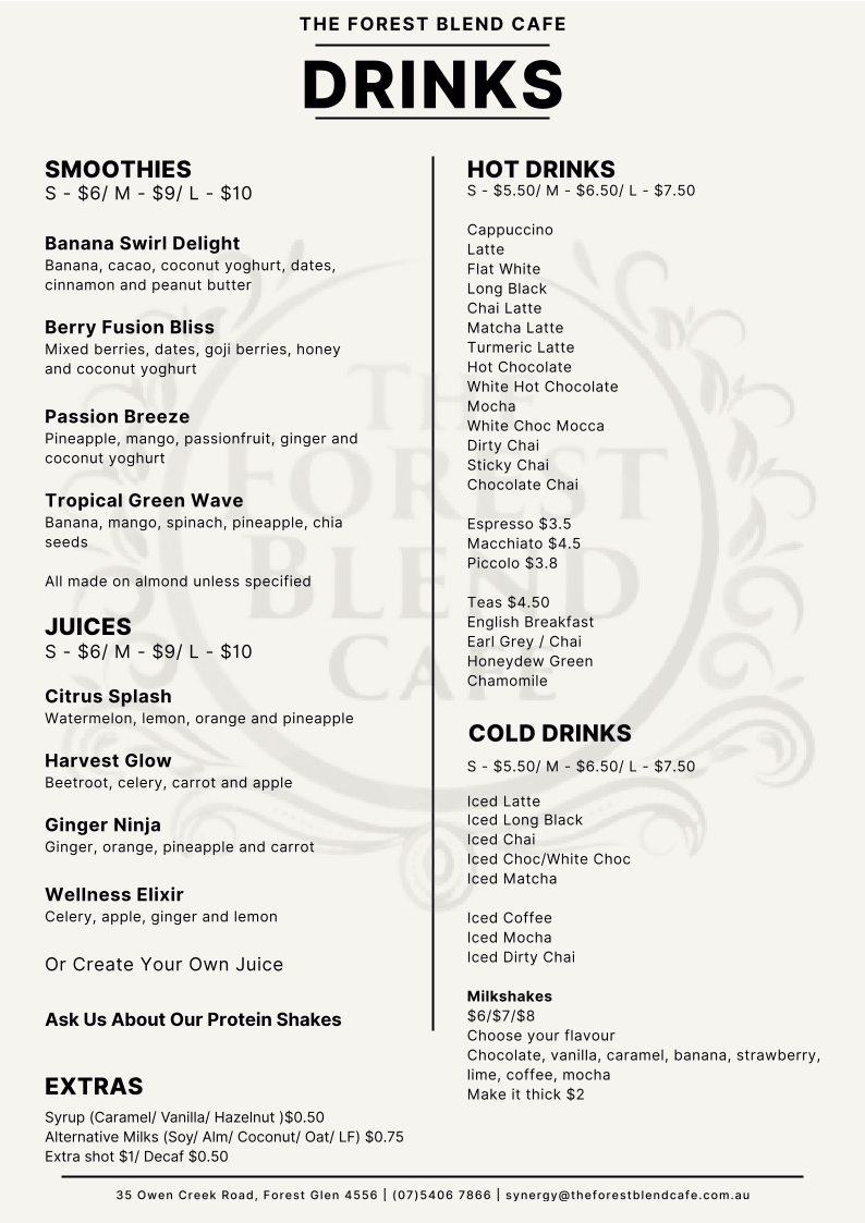 Menu, The Forest Blend Cafe