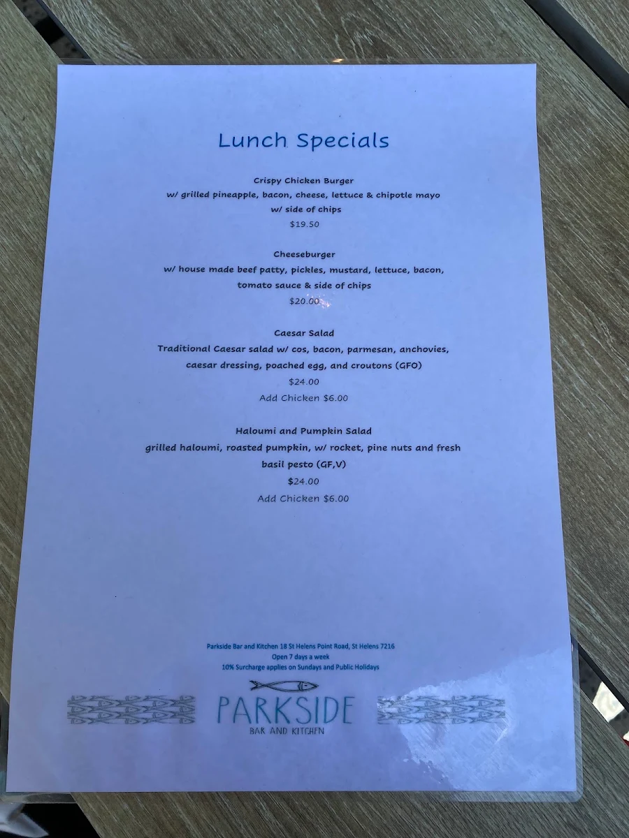 Menu, Parkside Bar And Kitchen