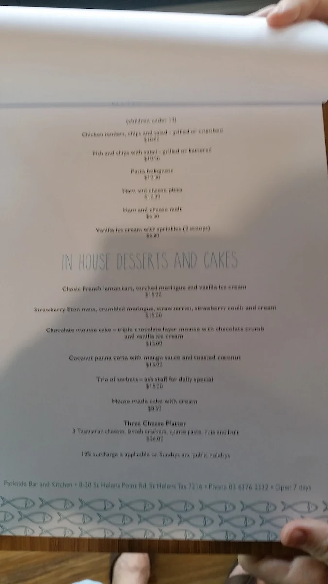 Menu, Parkside Bar And Kitchen
