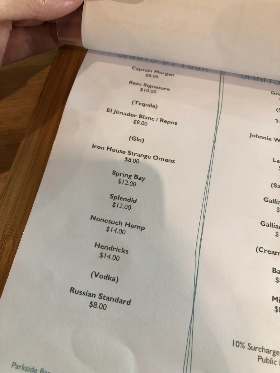 Menu, Parkside Bar And Kitchen