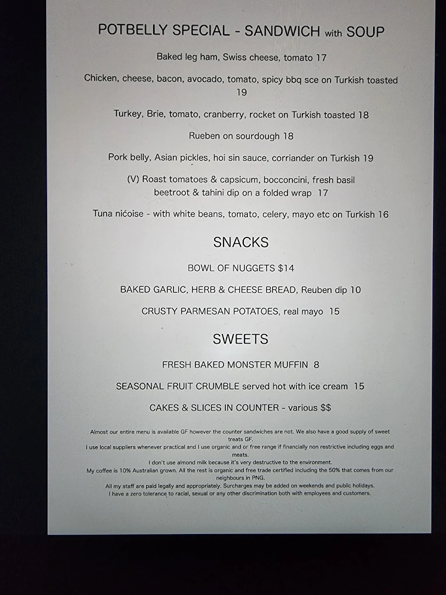 Menu, Potbelly at Medlow