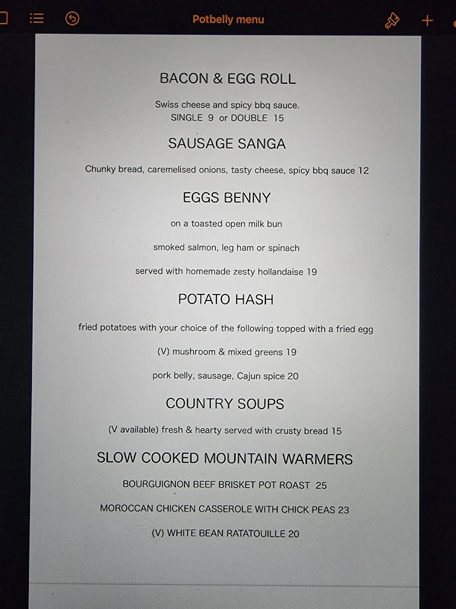 Menu, Potbelly at Medlow
