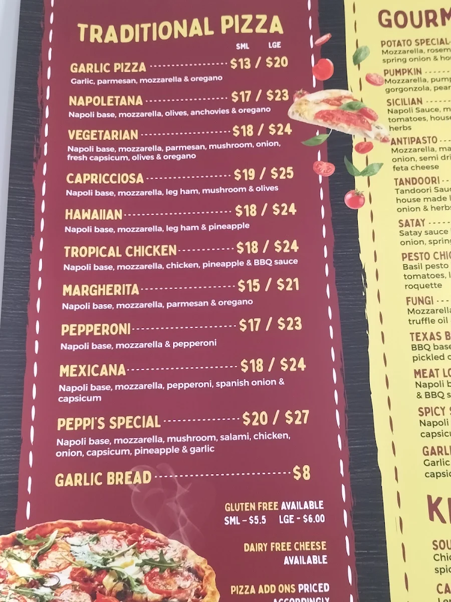 Menu, Peppi's Pizzeria