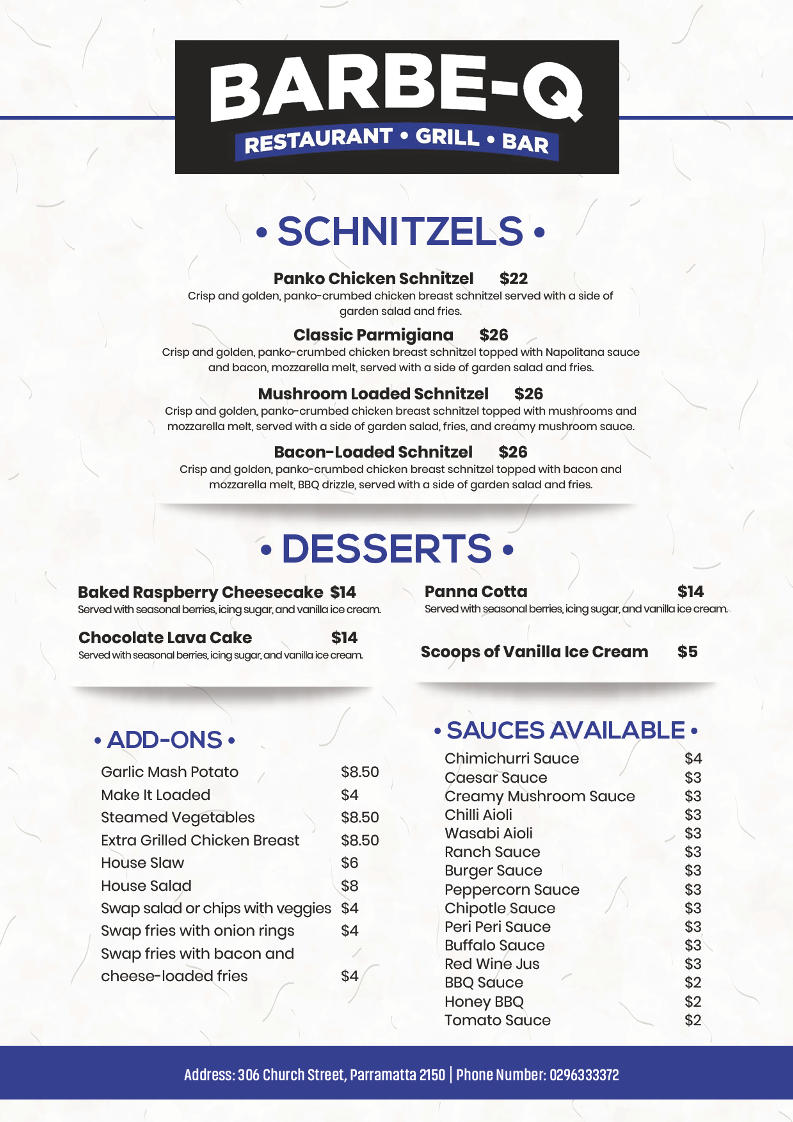 Menu, Barbe-Q Restaurant