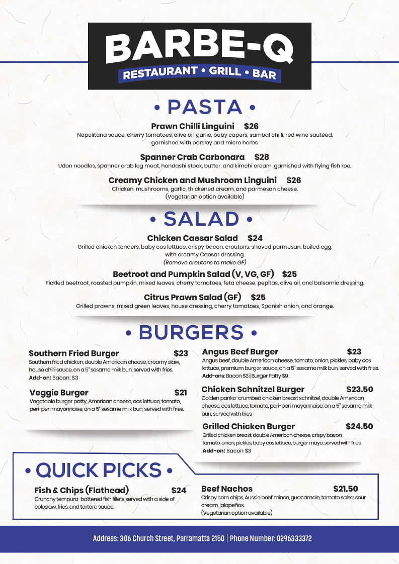 Menu, Barbe-Q Restaurant