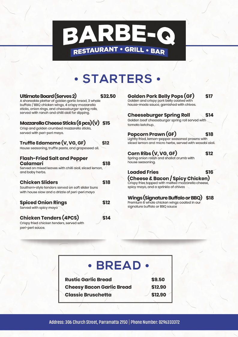 Menu, Barbe-Q Restaurant