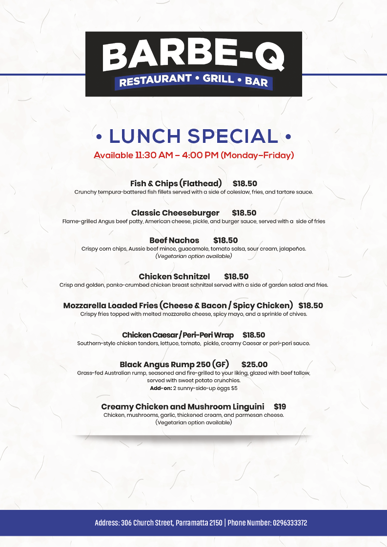 Menu, Barbe-Q Restaurant