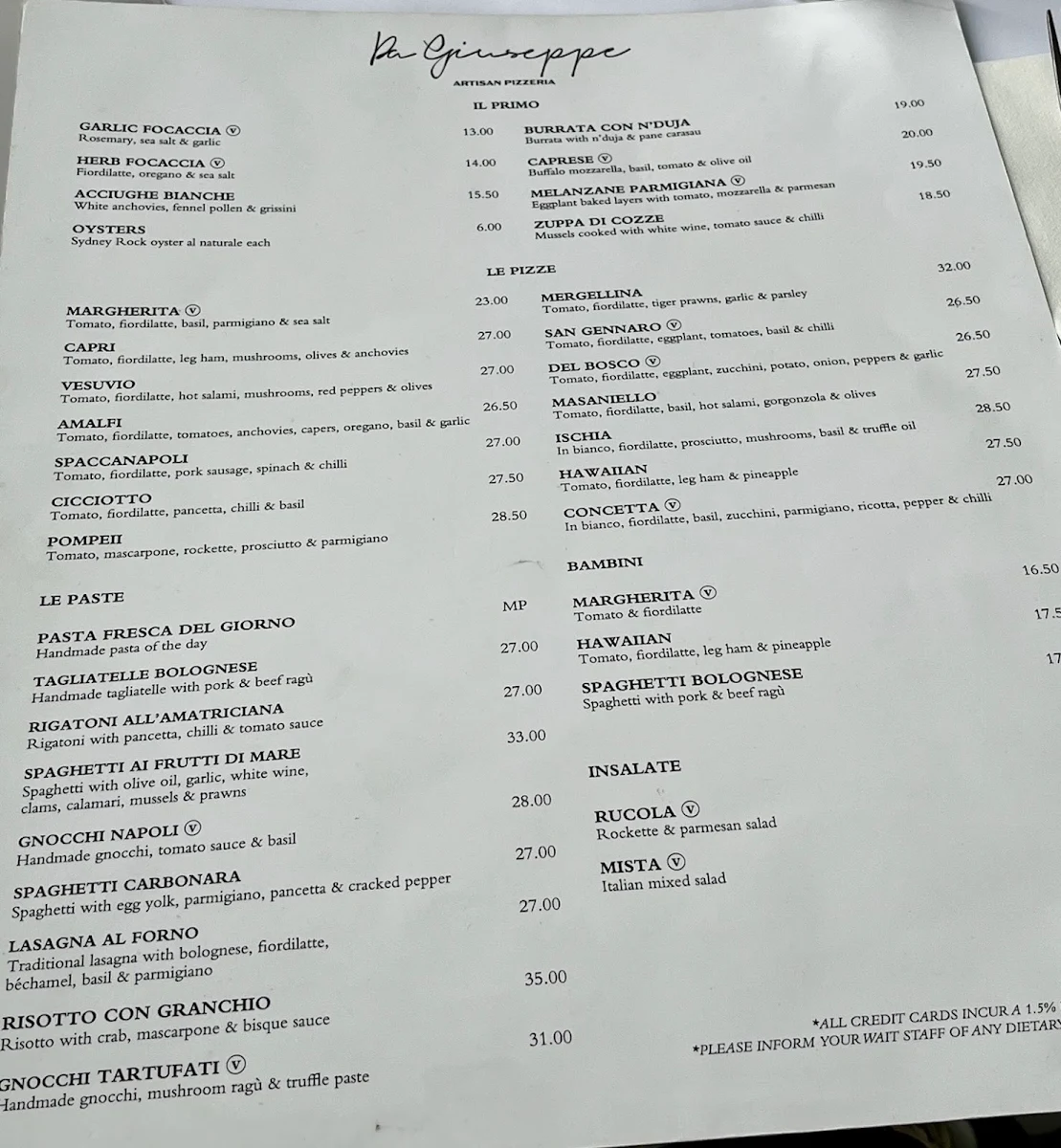 Menu, Da Giuseppe