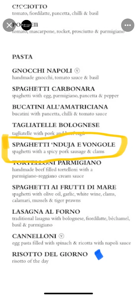 Menu, Da Giuseppe