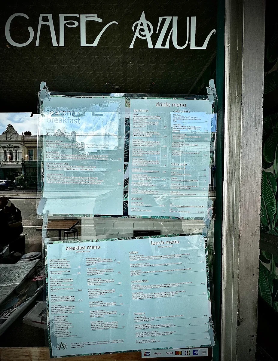 Menu, Cafe Azul