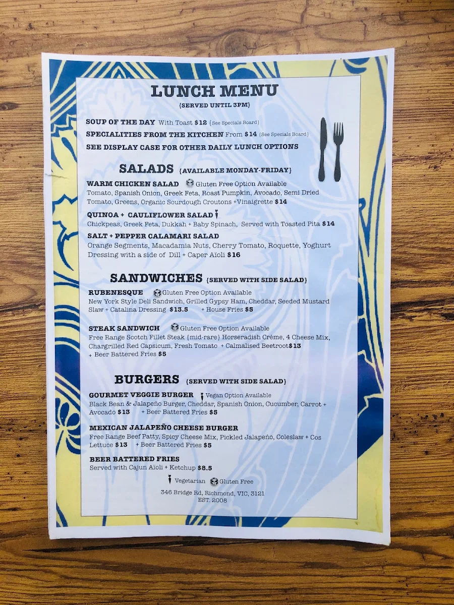 Menu, Cafe Azul