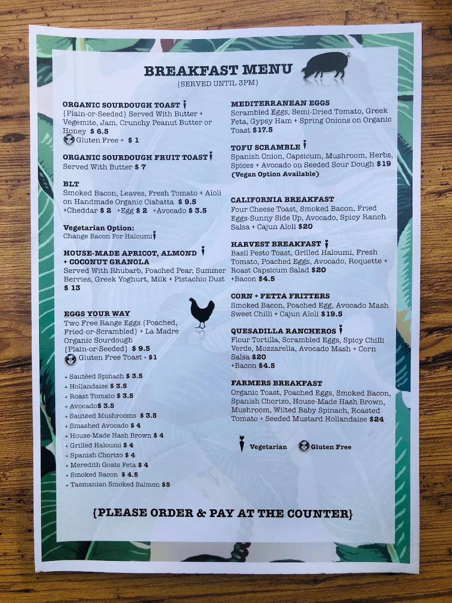 Menu, Cafe Azul