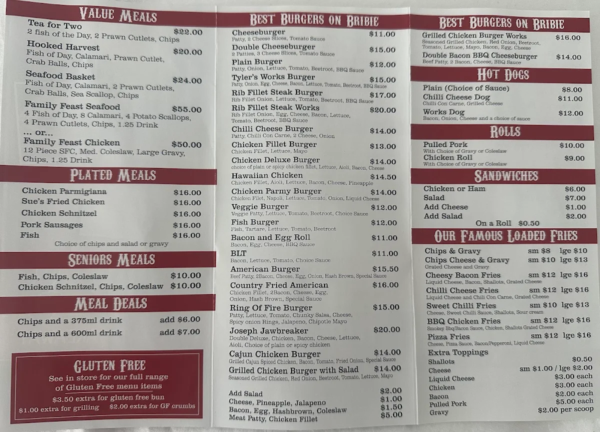 Menu, Sue's Cafe and Takeaway