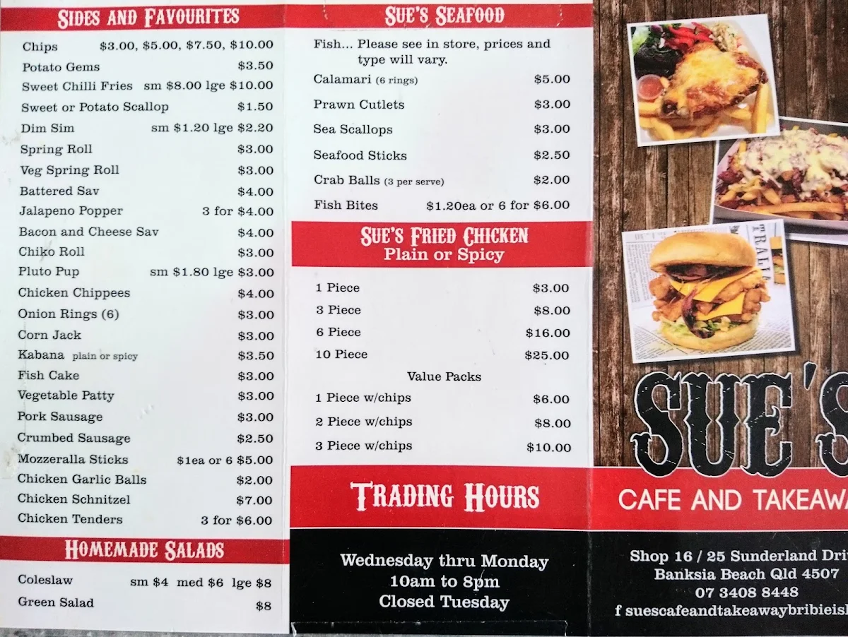 Menu, Sue's Cafe and Takeaway