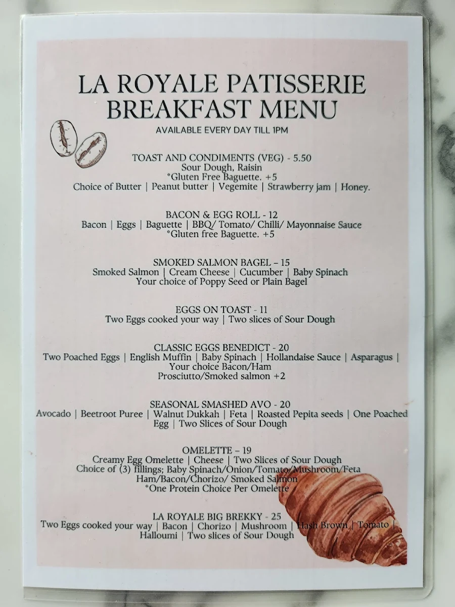 Menu, La Royale Patisserie