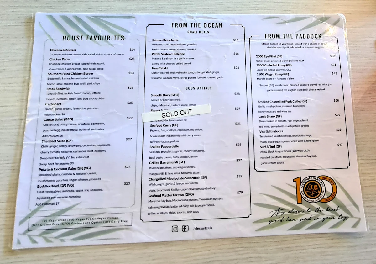 Menu, Alex Surf Club