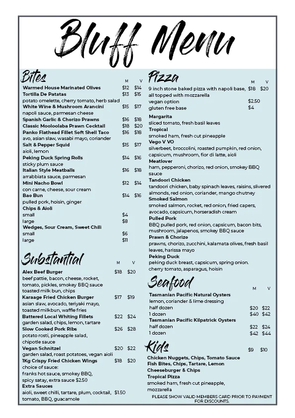 Menu, Alex Surf Club