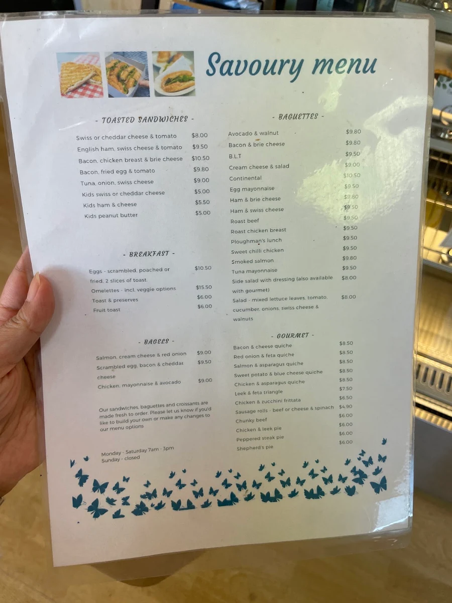 Menu, Le Papillon Patisserie