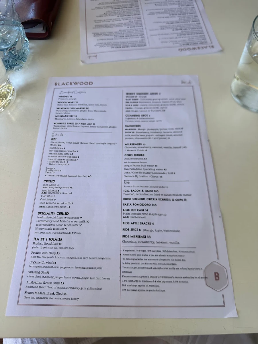 Menu, Blackwood Bondi