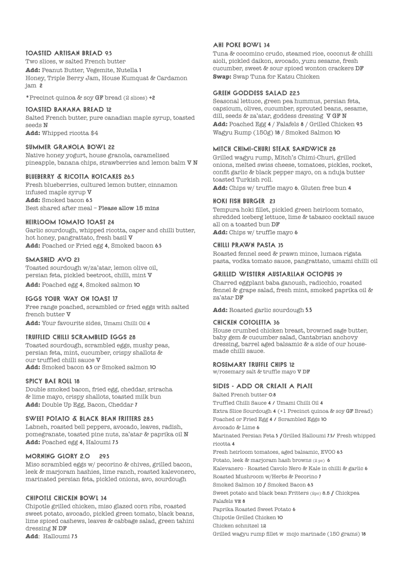 Menu, Blackwood Bondi