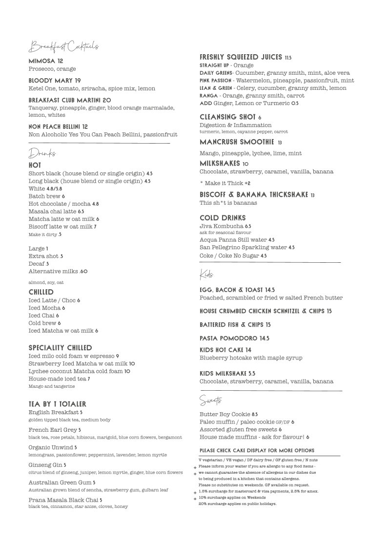 Menu, Blackwood Bondi